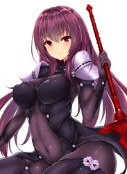  1girl absurdres bodysuit breasts covered_navel erect_nipples fate/grand_order fate_(series) gae_bolg highres holding holding_weapon large_breasts long_hair looking_at_viewer mitsukazu_(nijigen_complex) pauldrons polearm purple_bodysuit purple_hair red_eyes scathach_(fate/grand_order) simple_background skin_tight solo spear weapon white_background 