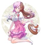  1girl anna_miller apron blouse brown_hair commentary cup frills heterochromia iesupa milk multicolored_hair name_tag neo_(rwby) pink_apron pink_eyes pink_hair pink_skirt rwby saucer skirt solo sugar_cube tea teacup tray violet_eyes waitress white_blouse 