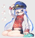  1girl bike_shorts blue_eyes blue_hair domino_mask hand_on_headwear hat highres inkling long_hair mask midriff navel open_mouth pointy_ears shirt shoes shorts sitting solo splatoon sprbouuz tentacle_hair twintails 