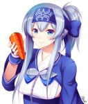  &gt;:) 1girl artist_name blue_eyes blue_hair carrot chains commentary_request eyebrows_visible_through_hair headband kamoi_(kantai_collection) kantai_collection long_hair looking_at_viewer noise_(tsuzuki) ponytail sidelocks signature simple_background smile solo upper_body white_background 