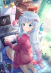  &gt;:( 1girl artist_name backpack bag bangs barefoot blue_eyes blush bottle bow breasts camera chair chinchongcha closed_mouth computer controller crescent cup curtains day drawing drawing_tablet dualshock eromanga_sensei from_behind game_controller gamepad gradient_hair hair_bow highres indoors izumi_sagiri laptop light_rays long_hair long_sleeves looking_back low-tied_long_hair mask microwave multicolored_hair pajamas pen pillow pink_bow pink_hair randoseru refrigerator seiza shiny shiny_hair silver_hair sitting small_breasts solo star stuffed_toy stylus sunbeam sunlight table very_long_hair water_bottle watermark web_address window 