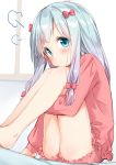  1girl 3: =3 bangs blue_eyes blue_hair blush bow closed_mouth eromanga_sensei eyebrows_visible_through_hair hair_bow indoors izumi_sagiri leg_hug legs_together long_hair looking_at_viewer pajamas pink_bow sitting solo tareme thighs tousaki_shiina window 