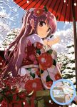  1girl absurdres brown_hair flower from_below fujima_takuya hair_flower hair_ornament highres japanese_clothes kimono long_hair looking_at_viewer looking_back oriental_umbrella original outdoors red_eyes red_flower red_umbrella sitting snow_bunny snowing solo umbrella very_long_hair 