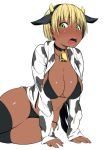  1girl animal_ears arm_support bell bell_choker bikini black_bikini black_legwear blonde_hair blush breasts choker cleavage commentary_request cow_bell cow_ears cow_girl cow_horns cow_print fake_animal_ears fake_horns green_eyes hairband highres horns jacket kemurihaku large_breasts lying open_mouth original short_hair side-tie_bikini simple_background solo string_bikini swimsuit tan thigh-highs white_background 