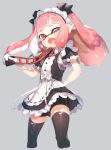  1girl bike_shorts black_dress black_legwear domino_mask dress fangs gloves hand_on_hip highres inkling long_hair maid mask one_eye_closed open_mouth pink_eyes pink_hair pointy_ears shorts shorts_under_dress smile solo splatoon sprbouuz tentacle_hair thigh-highs 