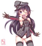 1girl akatsuki_(kantai_collection) alternate_costume anchor_hair_ornament bare_shoulders bismarck_(kantai_collection) bismarck_(kantai_collection)_(cosplay) blue_eyes blush brown_gloves commentary_request cosplay detached_sleeves gloves grey_legwear hair_ornament hat highres iron_cross kanon_(kurogane_knights) kantai_collection long_hair looking_at_viewer military military_hat military_uniform one_eye_closed open_mouth peaked_cap smile solo uniform 