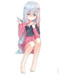  1girl barefoot blue_hair blush bow carrying closed_mouth coffeiz_p eromanga_sensei feet full_body hair_bow highres izumi_sagiri long_hair looking_at_viewer pajamas pink_bow simple_background sitting solo stylus tablet_pc tears wavy_mouth white_background 