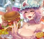 1girl alternate_costume artist_name bacon bare_shoulders blizzomos blurry blush breasts cheese cleavage collarbone contemporary depth_of_field detached_sleeves food french_fries hair_between_eyes hamburger hat highres holding holding_food large_breasts lettuce mob_cap nail_polish open_mouth pink_eyes pink_hair pink_nails pink_scarf ribbed_sweater saigyouji_yuyuko saliva scarf soda solo sweater tomato touhou triangular_headpiece upper_body 