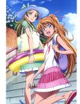  2girls :d absurdres blue_eyes bow brown_hair clouds cloudy_sky dress green_bow green_dress green_eyes hair_ribbon hat hat_bow highres houjou_hibiki innertube long_hair looking_at_viewer minamino_kanade multiple_girls musical_note musical_note_print one_leg_raised open_mouth orange_hair outdoors pink_ribbon pink_skirt precure ribbon shirt skirt sky smile stairs suite_precure sun_hat takahashi_akira transparent two_side_up very_long_hair white_flower white_hat white_shirt 