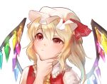  1girl ascot blonde_hair bow crystal flandre_scarlet hand_on_own_chin hat hat_bow mob_cap puffy_short_sleeves puffy_sleeves red_eyes reddverse short_sleeves side_ponytail simple_background sketch solo thinking touhou white_background wings 