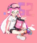  1girl bike_shorts brown_eyes domino_mask fangs goggles highres inkling legs_crossed long_hair mask open_mouth pointy_ears purple_hair shirt shorts sitting smile solo splatoon sprbouuz t-shirt tentacle_hair twintails v 