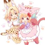  2girls :3 :d animal_ears animal_hat animal_print ankle_boots anyamal_tantei_kirumin_zoo arm_up bare_shoulders bell bell_collar black_ribbon blue_bow blush blush_stickers boots bow bowtie cat_ears cat_hat cat_paws cat_tail clenched_hands collar cross-laced_clothes crossover dot_nose dress elbow_gloves eyebrows_visible_through_hair eyelashes full_body fur-trimmed_dress fur_trim gloves hand_up hands_up hanzawa_kaori hat hat_bow high-waist_skirt jumping kemono_friends knees_together_feet_apart legs_up light_brown_eyes looking_at_viewer mikogami_riko multiple_girls neck_ribbon o_o open_mouth orange_hair paw_background paw_pose paws pink_dress print_bow print_bowtie print_gloves print_skirt purple_ribbon ribbon serval_(kemono_friends) serval_ears serval_print serval_tail shirt shoe_ribbon short_hair skirt sleeveless sleeveless_shirt smile striped_tail tail tareme thigh-highs trait_connection violet_eyes white_background white_footwear white_shirt zettai_ryouiki 