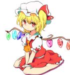  1girl ascot barefoot blonde_hair commentary_request crystal flandre_scarlet full_body hat hat_ribbon highres looking_at_viewer mob_cap moyazou_(kitaguni_moyashi_seizoujo) puffy_sleeves red_eyes ribbon shirt short_hair short_sleeves side_ponytail simple_background sitting skirt skirt_set slit_pupils solo touhou vest white_background wings 