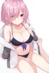  1girl arm_at_side arm_support bare_legs bare_shoulders barefoot bikini black_bikini blush breasts cleavage collarbone commentary eyebrows_visible_through_hair eyes_visible_through_hair fate/grand_order fate_(series) front-tie_bikini front-tie_top hair_over_one_eye hand_on_breast hand_on_own_chest highres huuyu_1z jacket large_breasts light_frown long_sleeves looking_at_viewer looking_up off_shoulder open_clothes open_jacket pink_hair purple_ribbon ribbon shielder_(fate/grand_order) shiny shiny_hair short_hair sitting sleeves_past_wrists solo sweat swimsuit track_jacket violet_eyes white_jacket yokozuwari 