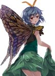  1girl :o antennae bangs bare_arms blue_hair brown_eyes butterfly_wings dress dress_lift e.o. eternity_larva from_behind green_dress half-closed_eyes highres lifted_by_self looking_at_viewer looking_back short_hair simple_background sleeveless sleeveless_dress solo touhou white_background wings 