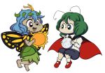  2girls antennae aqua_eyes blue_hair blush_stickers butterfly_wings cape dress etarnity_larva green_dress green_hair hair_between_eyes hair_ornament holding leaf_hair_ornament long_sleeves moon multiple_girls no_mouth open_mouth robin_(unlimited_world) shirt short_hair shorts sun touhou violet_eyes white_shirt wings wriggle_nightbug 