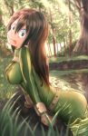  1girl :&gt; arched_back ass asui_tsuyu belt black_eyes black_hair bodysuit boku_no_hero_academia breasts closed_mouth frog_girl gloves grass green_bodysuit light_particles long_hair looking_at_viewer medium_breasts outdoors partially_submerged pasoputi pond solo tongue tongue_out tree water 