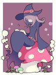  1girl belt book giant_mushroom hair_over_one_eye half-closed_eyes hat l_(matador) little_witch_academia loose_belt mushroom pale_skin pink_hair red_eyes robe sharp_teeth sitting smile solo sucy_manbavaran teeth wide_sleeves witch witch_hat 
