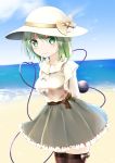  1girl alternate_costume arms_behind_back beach black_legwear blue_sky blush bow breasts closed_mouth cowboy_shot day eyeball frilled_shirt frilled_skirt frills green_eyes green_hair grey_skirt hair_between_eyes hat hat_bow heart heart_of_string highres horizon komeiji_koishi long_sleeves looking_at_viewer medium_breasts ocean shirt skirt sky smile solo sunlight thigh-highs third_eye touhou white_hat white_shirt yellow_bow yuuforia 