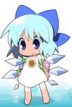  1girl barefoot blue_eyes blue_hair blue_ribbon bow chibi cirno dress flower hair_bow hair_flower hair_ornament hidden_star_in_four_seasons ice ice_wings osaragi_mitama plant ribbon short_hair solo sundress sunflower tan tanline tanned_cirno touhou vines wings 