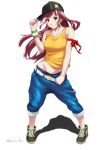  1girl arm_ribbon baggy_pants bare_shoulders baseball_cap belt blue_eyes blue_pants breasts collarbone commentary_request contrapposto cross-laced_footwear dancer eiri_su eyebrows_visible_through_hair floating_hair full_body green_shoes grin groin hand_on_headwear hat legs_apart long_hair maroon_hair medium_breasts midriff original pants red_ribbon ribbon shadow shirt shoes sleeveless sleeveless_shirt smile solo star star_print sweatband tank_top white_background yellow_shirt 