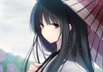  1girl black_hair brown_eyes close-up clouds cloudy_sky commentary_request hiiragi_souren kantai_collection long_hair looking_at_viewer parasol rain shouhou_(kantai_collection) sky smile solo umbrella 