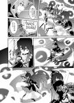  2girls benizuwai cape capelet comic danmaku dress earmuffs english flying gradient_hair greyscale hijiri_byakuren long_hair looking_back magic monochrome motion_blur motion_lines multicolored_hair multiple_girls short_hair touhou toyosatomimi_no_miko translation_request vajra_(object) 