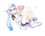  1girl bike_shorts blue_eyes blue_hair boots cosplay domino_mask dress hat heart highres ikamusume ikamusume_(cosplay) inkling long_hair mask pointy_ears shinryaku!_ikamusume shorts shorts_under_dress solo splatoon sprbouuz tentacle_hair twintails white_dress 