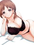  1girl bangs black_bra black_panties bra breast_hold breasts brown_eyes brown_hair cleavage collarbone commentary_request eyebrows_visible_through_hair hand_on_own_cheek head_rest highres hips idolmaster idolmaster_cinderella_girls katagiri_sanae lace lace-trimmed_bra large_breasts looking_at_viewer lying navel on_side panties ryuu. simple_background smile solo twintails underwear white_background 