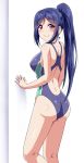  1girl ass back_cutout bare_shoulders blue_hair blush breasts commentary_request long_hair long_ponytail looking_at_viewer looking_back love_live! love_live!_sunshine!! matsuura_kanan medium_breasts one-piece_swimsuit ponytail smile solo standing swimsuit violet_eyes white_background yopparai_oni 