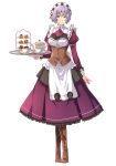  1girl apron artist_request boots breasts corset cup detached_sleeves dress eiyuu_densetsu food full_body green_eyes holding juliet_sleeves knee_boots long_sleeves looking_at_viewer maid maid_apron maid_headdress medium_breasts official_art pastry puffy_sleeves purple_hair sharon_kruger simple_background smile solo standing teacup teapot tray 