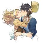  1boy 1girl arm_around_waist back_cutout bandaged_arm black_hair blonde_hair blouse bow closed_eyes couple cross_scar donny_(fire_emblem) fingerless_gloves fire_emblem fire_emblem:_kakusei gloves hairband heart helmet hetero hug kiss kotatsu_nks liz_(fire_emblem) messy_hair removing_helmet scar_on_cheek shirt short_hair simple_background twintails upper_body white_background 