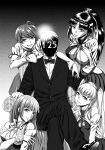  1boy 4girls armchair atago_(zhan_jian_shao_nyu) bangs bare_shoulders bow bowtie breasts chair choukai_(zhan_jian_shao_nyu) cleavage cleavage_cutout dated detached_sleeves faceless faceless_male finger_to_mouth formal greyscale hand_on_another&#039;s_head hand_on_another&#039;s_shoulder legs_crossed long_hair looking_at_viewer maya_(zhan_jian_shao_nyu) medium_breasts miniskirt monochrome multiple_girls parted_lips ponytail sitting skirt smie smile suit takao_(zhan_jian_shao_nyu) twintails very_long_hair xiexilai zhan_jian_shao_nyu 