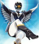  1girl arms_up black_condor boots breasts choujin_sentai_jetman dated genderswap genderswap_(mtf) gun handgun helmet high_heels highres medium_breasts pistol solo sunlight super_sentai thighs weapon wings yajiro_masaru 