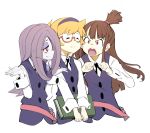  3girls angry blonde_hair book brown_hair closed_eyes freckles glasses hairband highres holding holding_book kagari_atsuko little_witch_academia long_hair lotte_jansson momo_(higanbana_and_girl) multiple_girls open_mouth pale_skin pink_hair ponytail red_eyes shirt short_hair shrug simple_background sucy_manbavaran upper_body vest white_background 