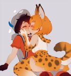 2girls animal_ears artist_name backpack bag black_hair blonde_hair blush cat_tail closed_eyes commentary dated elbow_gloves gloves hands_on_another&#039;s_face hat heart kaban_(kemono_friends) kemono_friends kiss multiple_girls scarf serval_(kemono_friends) shorts sitting sitting_on_lap sitting_on_person skindentation skirt skirt_lift spotted_skirt steam sweat tail thigh-highs triuni yuri 