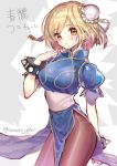  1girl bangs black_legwear blonde_hair blush bracelet breasts character_name china_dress chinese_clothes chun-li chun-li_(cosplay) closed_mouth cosplay cowboy_shot djeeta_(granblue_fantasy) double_bun dress eyebrows_visible_through_hair granblue_fantasy hand_up jewelry looking_at_viewer medium_breasts pantyhose short_hair short_sleeves solo spiked_bracelet spikes street_fighter thighs tsukigami_runa twitter_username yellow_eyes 