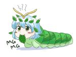  1girl :t antennae bangs blue_hair blush_stickers brown_eyes caterpillar closed_mouth eating eternity_larva hair_between_eyes hair_ornament itatatata leaf_hair_ornament mg_mg mouth_hold shadow short_hair simple_background smile solo tareme text too_literal touhou white_background 