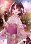  1girl :d brown_hair candy_apple copyright_request eyebrows_visible_through_hair fireworks floral_print food half-closed_eyes japanese_clothes kimono kinchaku open_mouth outdoors pink_kimono pouch sash short_hair smile solo teeth tsukigami_runa upper_body violet_eyes water_drop 