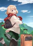  1girl :d artist_name backpack bag beige_jacket black_hair blonde_hair blush boots clouds day eiri_su eyebrows_visible_through_hair from_side green_skirt highres jacket leg_up long_sleeves mountain open_mouth original outdoors pantyhose red_scarf scarf signature silhouette skirt sky smile solo suitcase thick_eyebrows violet_eyes white_boots 