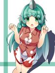  1girl aqua_hair bangs blush breasts buttons cleavage cloud_print cowboy_shot curly_hair dress_shirt green_eyes highres horn komano_aunn liya long_hair looking_at_viewer medium_breasts open_mouth paw_pose red_shirt shirt short_sleeves shorts solo touhou very_long_hair 