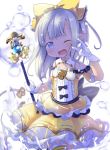 1girl ;d \m/ blue_eyes bow dress gloves granblue_fantasy hair_bow harbin highres lilulu long_hair looking_at_viewer makuran one_eye_closed open_mouth pointy_ears silver_hair smile solo tagme wand white_gloves 