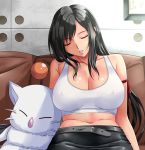  1girl arm_ribbon bare_arms bare_shoulders belt black_hair black_skirt breasts cleavage collarbone couch erect_nipples final_fantasy final_fantasy_vii highres large_breasts long_hair moogle navel parted_lips pencil_skirt red_ribbon ribbon skirt sleeping suuitchi tank_top tifa_lockhart upper_body 