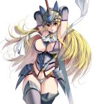  1girl armor armpits arms_up blush breasts highres long_hair looking_at_viewer masao medium_breasts original parted_lips red_eyes simple_background solo sword thighs very_long_hair weapon white_background 