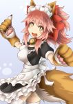  1girl alternate_costume animal_ears apron bell bell_collar breasts collar enmaided fang fate/grand_order fate_(series) fox_ears fox_tail hair_ribbon highres large_breasts long_hair looking_at_viewer maid maid_apron maid_headdress open_mouth paws pink_hair ribbon solo tail tamamo_(fate)_(all) tamamo_cat_(fate) yellow_eyes yomura_(yohann48) 