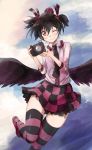  1girl black_hair camera checkered checkered_skirt cosplay hat himekaidou_hatate himekaidou_hatate_(cosplay) necktie one_eye_closed red_eyes shameimaru_aya skirt solo striped striped_legwear thigh-highs tokin_hat touhou twintails wings yohane 