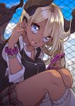  1girl blonde_hair blue_eyes blue_sky bracelet cellphone chain-link_fence clouds demon_girl earphones fence gyaru highres horns jewelry kogal loose_socks open_mouth original outdoors phone skirt sky smartphone socks solo sweater_vest tan westxost_(68monkey) wings 