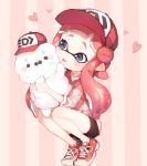  1girl :p apple baseball_cap bike_shorts blue_eyes character_request domino_mask food fruit hair_ornament hat highres hug inkling long_hair mask pink_hair pointy_ears shirt shoes shorts smile splatoon sprbouuz squatting tentacle_hair tongue tongue_out twintails 