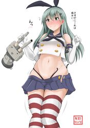  1girl bare_shoulders black_neckerchief black_panties blue_skirt blush cosplay crop_top elbow_gloves gloves green_eyes green_hair hair_ornament hairclip highleg highleg_panties highres kantai_collection long_hair miniskirt neckerchief panties pleated_skirt rensouhou-chan sailor_collar shimakaze_(kantai_collection) shimakaze_(kantai_collection)_(cosplay) skirt sleeveless solo striped striped_legwear suzuya_(kantai_collection) thigh-highs translated underwear white_background white_gloves yano_toshinori 