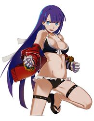  &gt;:d 1girl :d bikini black_bikini blue_eyes breasts choker cleavage fate/grand_order fate_(series) folded_leg gauntlets jacket leg_up long_hair medium_breasts navel ningen_(ningen96) off_shoulder open_mouth purple_hair saint_martha saint_martha_(swimsuit_ruler)_(fate) sandals simple_background smile solo standing standing_on_one_leg swimsuit thigh_strap very_long_hair white_background 